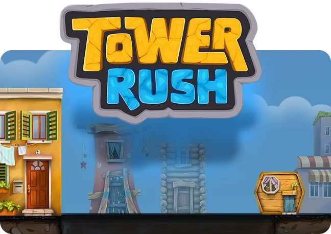 Tower Rush key art — a crane lowering a wooden building floor onto a growing stack above a city street