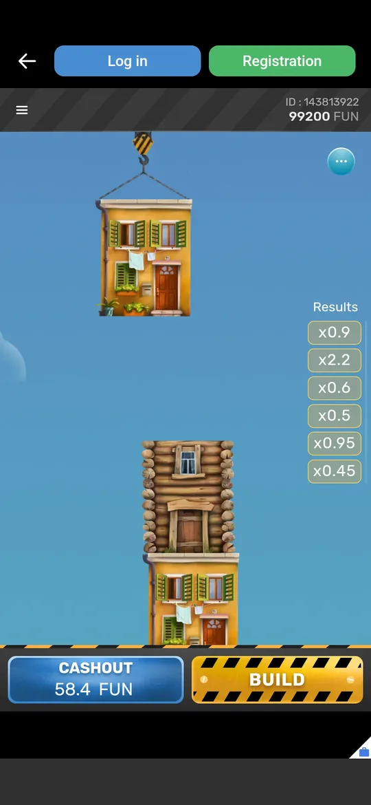 Tower Rush screenshot mid-round with two floors stacked, the results panel, and the Cashout and Build buttons